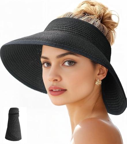 Ducclucc Sun Visor Hats for Women Wide Brim Straw Ponytail Summer Beach Hat UV UPF Packable Foldable Travel (US, Alpha, One Size, Black) at Amazon Womens Clothing store