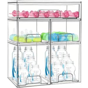 Baby Bottle Organizer 5 Pack Baby Bottle Storage Organizer Clear Bottles Station Acrylic Stackable Container Drawers Bins for Pacifiers,Nipples,Pump Parts for Countertop,Cabinet,Bathroom,Vanity