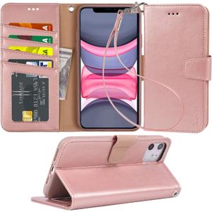 Arae Case for iPhone 11 Wallet Case Cover with Card Holder PU Leather with Wrist Strap and [4-Slots] ID&Credit Cards Pocket for iPhone 11 6.1 inch - Rosegold