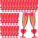 24 Pcs Valentine's Day Heart Plastic Champagne Flutes, 6 oz Clear Red Flute with Heart Stand Romantic Acrylic Stemmed Glasses for Valentine's Day Weddings Anniversary Party Supplies Decor