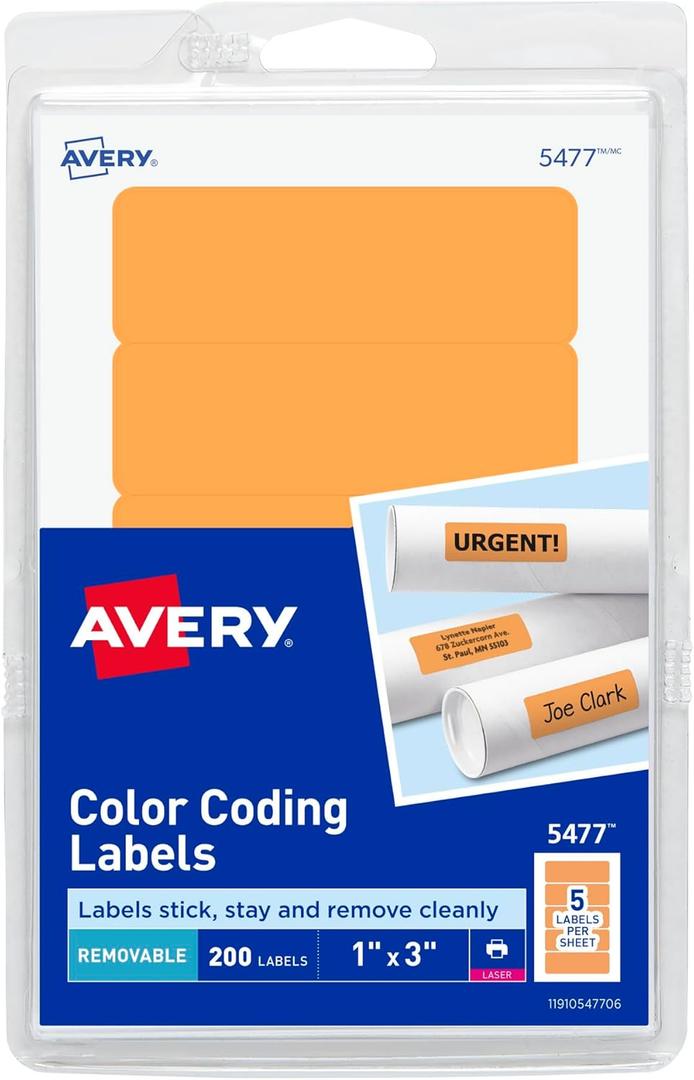Avery Self-Adhesive Removable Labels, 1 x 3 Inches, Orange Neon, 200 per Pack (05477)