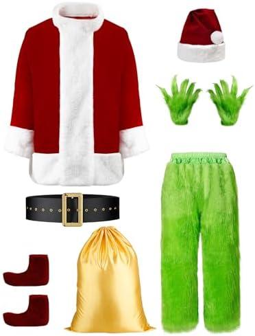 YAOGEG Christmas Santa Costumes Adult Funny Cosplay 8pcs Green Santa Costume,Men's Luxury Velvet Santa Claus Costume for Men