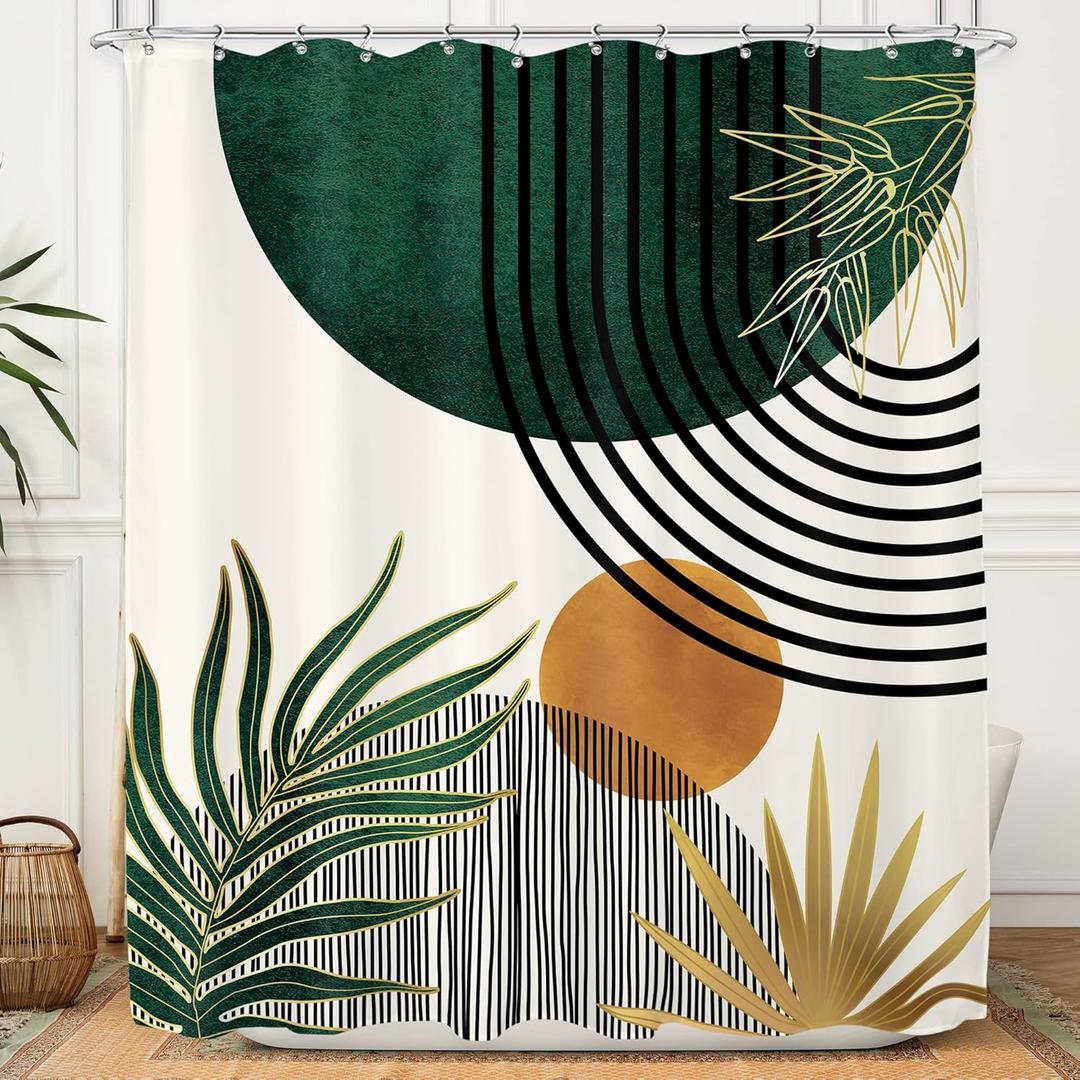 KOMLLEX Mid Century Green Boho Shower Curtain, Abstract Modern Shower Curtains for Bathroom, Plant Botanical Minimalist Leaf Arch Sun Fabric Liner Waterproof Polyester 12 Pack Hooks 60Wx72L Inches