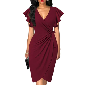 oten Womens Deep V Neck Ruffle Sleeve Sheath Casual Cocktail Party Work Faux Wrap Dress, Red, XL