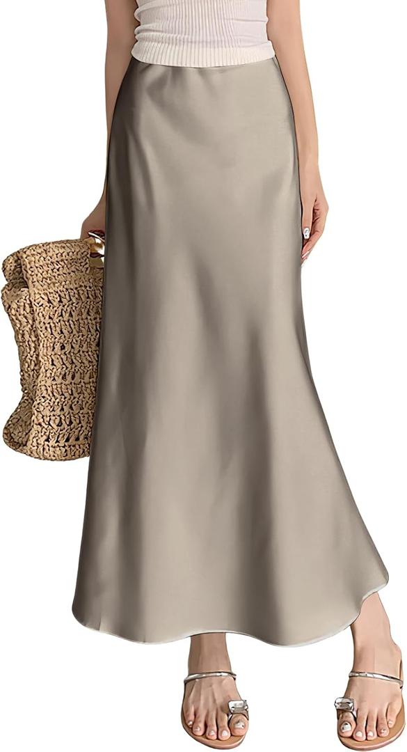 ebossy Women's Elegant Long Satin Skirt Silk Dressy Hidden Elastic Waist Flared A-Line Maxi Skirts