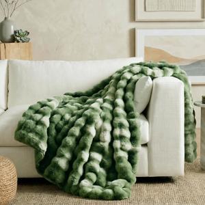 Cozy Bliss Faux Fur Throw for Couch, Fuzzy Soft Plush Thick Bubble Blanket for Sofa Bedroom Living Room, 50x60 Inches Tie-dye Olive Green