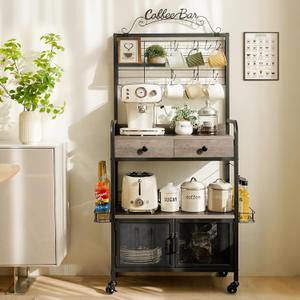 Coffee Bar Cabinet with Storage, Coffee Cart with Wheels, Coffee Station with Coffee Bar Sign and Mug Hook, Corner Coffee Bar Table with Drawer, Bakers Rack for Kitchen Dining Room Living Room Nook (Black & Gray Oak)