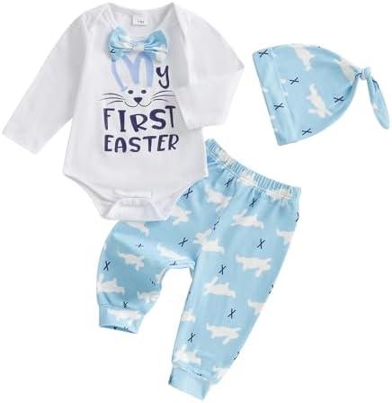 Gueuusu My First Easter Baby Boy Outfit Long Sleeve Bunny Romper Rabbit Long Pants Hat 3Pcs Clothes Set 12-18M