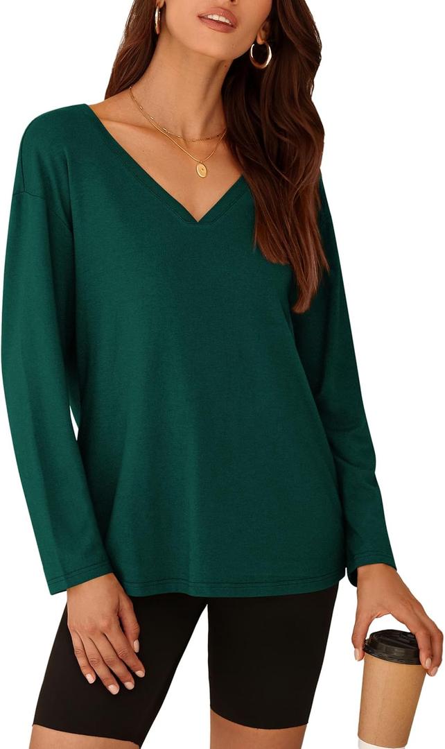 PRETTYGARDEN Womens Fall Fashion 2024 T Shirts Casual Long Sleeve V Neck Tunic Tops Loose Basic Tees (Dark Green,X-Small) (XS)