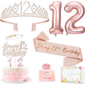 12th Birthday Decorations for Girls, Including 12 year old Cake Topper, Birthday Queen Sash with Pearl Pin, Sweet Rhinestone Tiara Crown, Number Candles and Balloons Set, Rose Gold