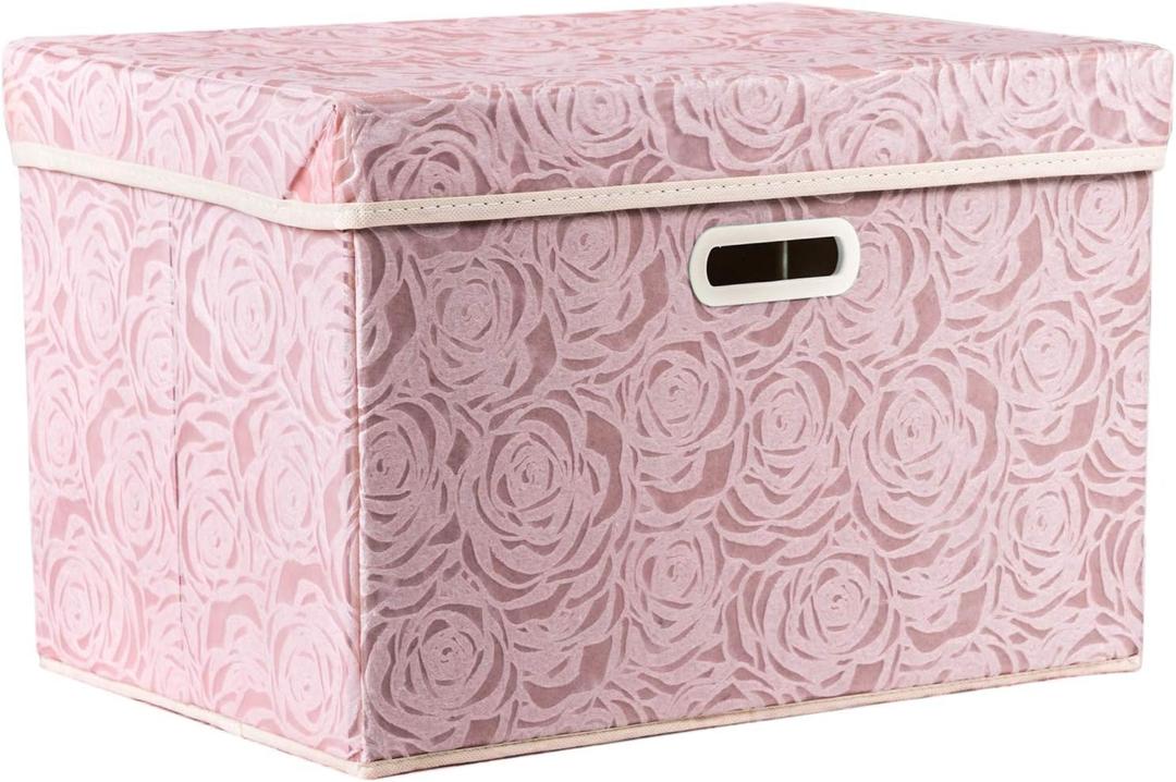 PRANDOM Larger Collapsible Storage Bin with Lid [1-Pack] Fabric Decorative Storage Box Cube Organizer Container Baskes with Handles Divider for Bedroom Closet Living Room Pink 17.7x11.8x11.8 Inch (Large(1-Pack))