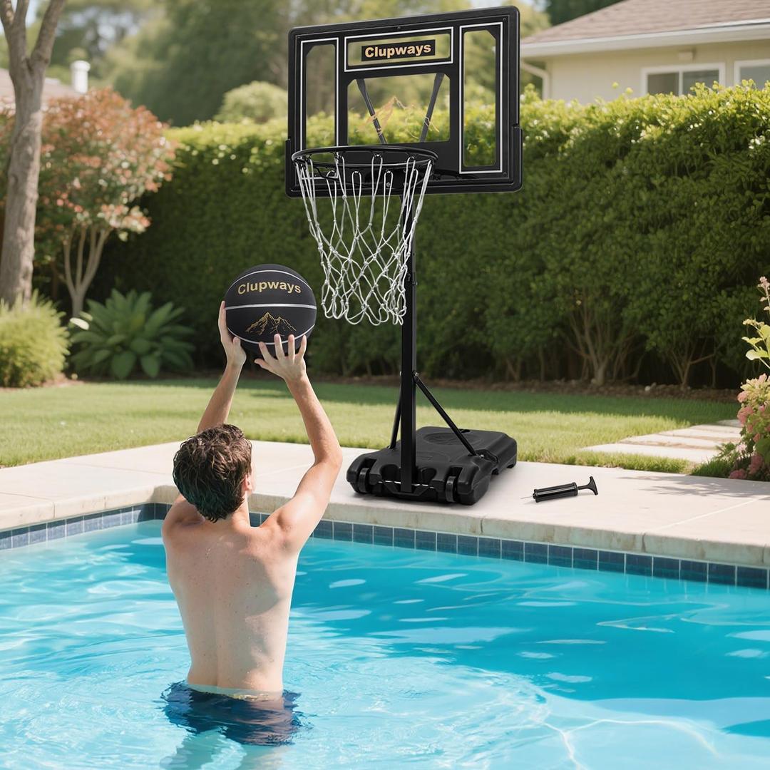 Pool Basketball Hoop Poolside Height Adjustable Portable Basketball Hoop for Pool with Shatterproof Backboard and Weather-Resistant Steel Screws/Brackets, Includes Ball and Air Pump, Adjustable Height: 35-47 inches
