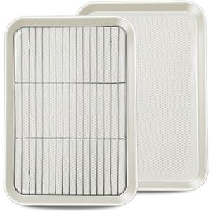 2-Pack 12x17 Half Sheet Pan Baking Sheet Set with Wire Rack - Nonstick 0.8mm Thick Carbon Steel, Cookie Sheets for Baking, Dishwasher Safe, Warp Resistant, Oven Safe 450F, Salted Gray