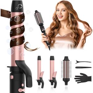 Automatic Rotating Curling Iron, 3 in 1 Thermal Brush Set 1-1 1/2 Inch, Auto Hair Curler with 3 Temps, 100 Million Ionic, Travel Dual Voltage Self Curling Wand for Beach Waves, Ceramic Coating (Rose Gold)