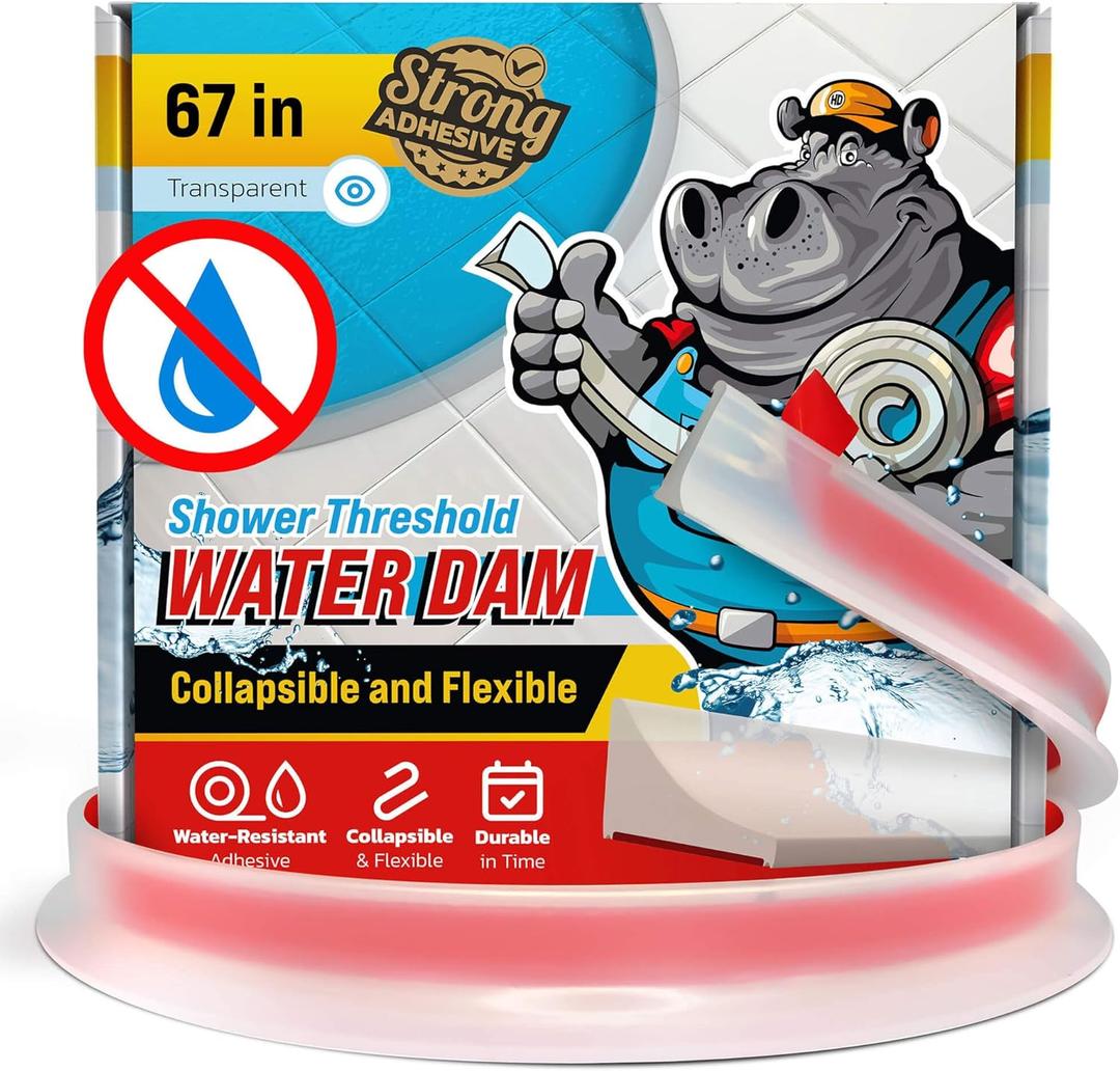 Shower Threshold Water Dam Barrier 67" - Transparent Collapsible Shower Water Blocker - Guard for Walk in Shower - Water Guard Stopper for Floor - Shower Door Water Blocker by Hippo Dam