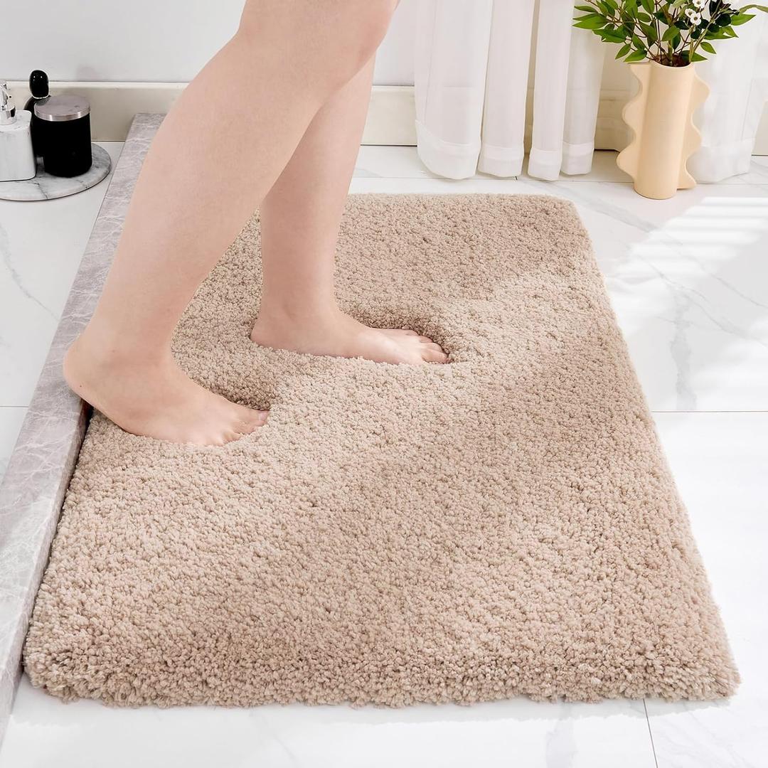 Small Bathroom Rug 17x24 Non Slip Beige Fluffy Bath Mat for Bathroom Floor Washable Plush Luxury Bath Rug for Tub Soft Shaggy Absorbent Shower Mat