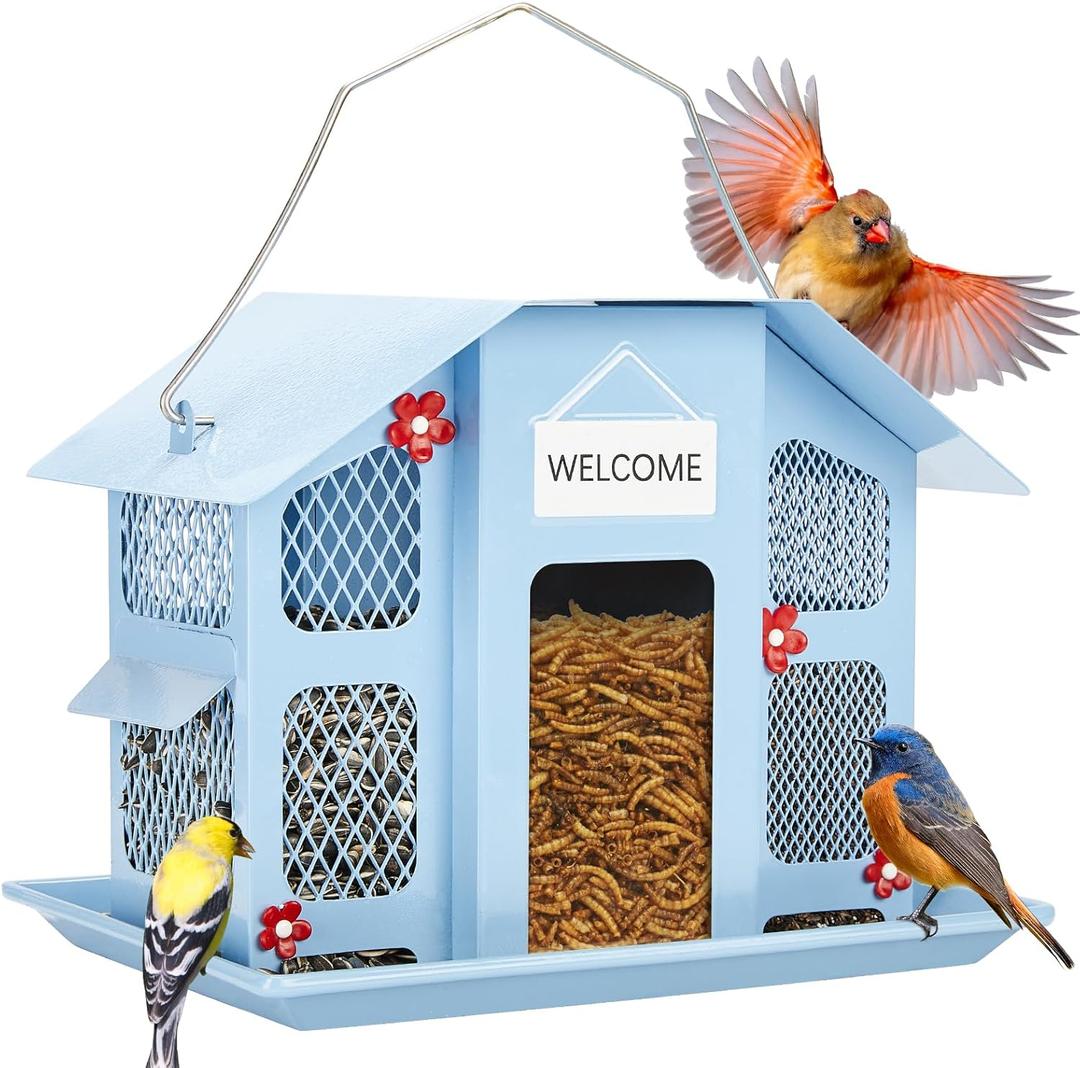 Kingsyard Wild Bird Feeder with Weatherproof Roof & Seed Tray, All Metal, Bird Seed Feeder Hanging for Garden Yard Outside Decoration, 4 lbs Large Capacity, Blue