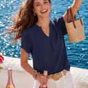 EVALESS Women's Dressy Casual Business Work Chiffon Blouses Tops Summer V Neck Cute Loose Petal Short Sleeve T-Shirts (Blue, L)