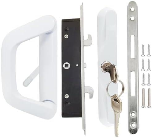 Sliding Patio Door Handle with Mortise Lock and keys, Key Cylinder and Keeper, 4-15/16" Hole Spacing, Sliding Glass Door Replacement Handle for Door Thickness from 1.5" to 2", Need to Drill (White)
