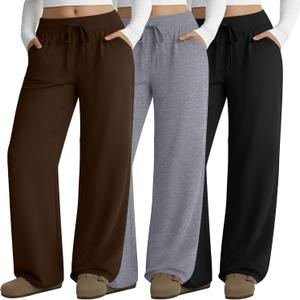 Neer 3 Pack Women's Plus Size Lounge Pants, Wide Leg Yoga Pants Baggy Drawstring Sweatpants with Pockets Casual Loose Jogger (XX-Large, Black, Light Gray, Brown)