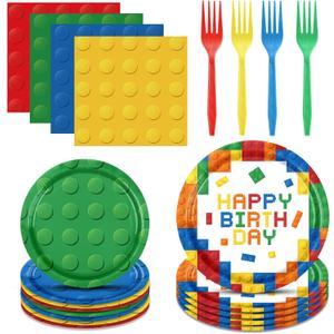 96PCS Building Blocks Birthday Party Supplies Building Blocks Themed Party Decorations Colorful Paper Plates Napkins Forks Set for Boys Kid’s Birthday Party Decor