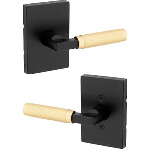 Kwikset Prava Interior Passage Door Knurled Handle, Lever for Closet and Hallway Doors, Reversible Non-Locking Handle Lever, Matte Black and Satin Brass, with Microban Protection