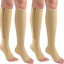 CASMON 2 Pairs Zipper Compression Socks for Women & Men, 15-20 mmHg Open Toe Knee High Support Socks for Varicose Vein Edema, XXL