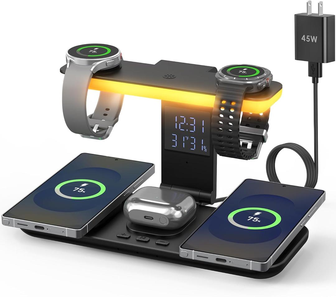 2026 YiJYi Dual Magnetic Wireless Charger for Samsung, 7 in 1 for Samsung Charging Station,45W Dual Phone with Two Light Styles Light & Clock,for Samsung S26,for Galaxy Buds for Samsung Galaxy Watch