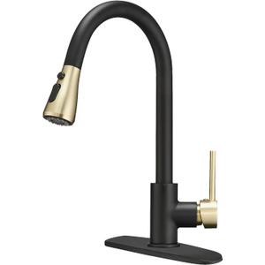BESy Brass Single Handle Kitchen Faucet with Pull Down Sprayer, Black Gold (1 or 3 Hole) 