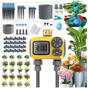 TRJZWA Drip Irrigation System Kit with Automatic Water Timer 2 Zone 150FT,New Anti-Leakage Quick Connector for Garden,Lawn,1/2 inch Hose and 1/4 inch Distribution Tubing and Accessories