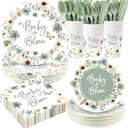 Funnymoom 400 Pcs Baby in Bloom Party Supplies for 50 Guests Green Floral Baby Shower Paper Plates and Napkins Knives Spoon Fork Cup Disposable Wildflower Dinner Party for Spring Greenery Favor