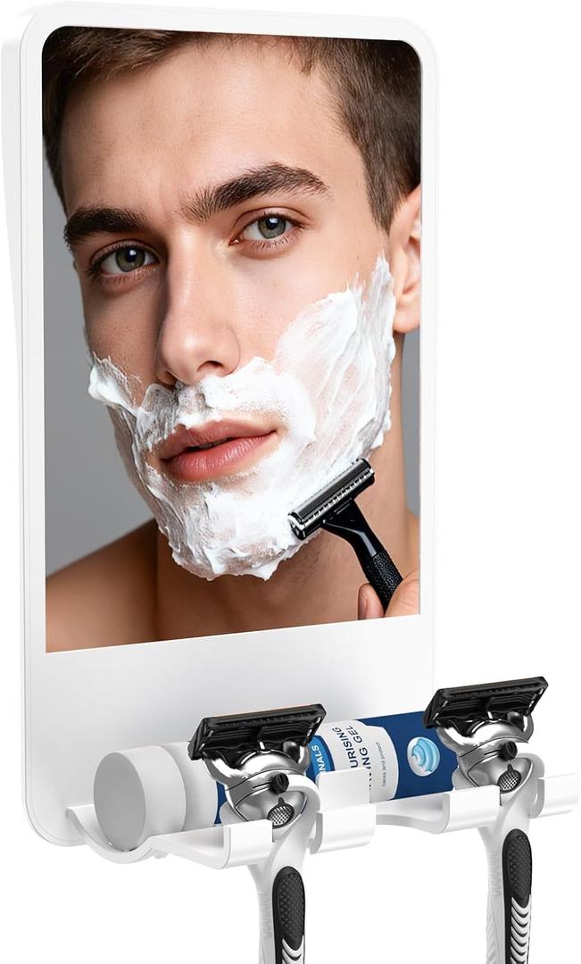 Shower Mirror for Shaving Fogless with Multifunctional Storage for Razor and Shaving Foam Canister, Adhesive or Screw Optional Installation,Adjustable Angle, White