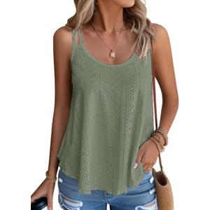 Womens Tank Tops Summer Sleeveless Casual Spaghetti Strap Blouses Eyelet Embroidery Loose Fit Tunic Shirts (XL, Green)