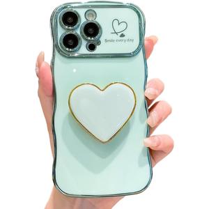 Compatible with iPhone 16 Pro Max Heart Holder case, Cute Wave Frame Curly Shape with Love Heart Kickstand Raised Camera Protection Cover Luxury Plating Shockproof (Green, For iPhone 16 Pro Max)