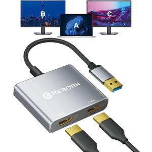Reborn USB to HDMI Adapter, 1080P@60Hz USB 3.0 Male to Dual HDMI Female Multi-Display Cable Converter Suitable for MacOS, Windows 7/ 8/ 10/ 11 - Driver Installation is Required