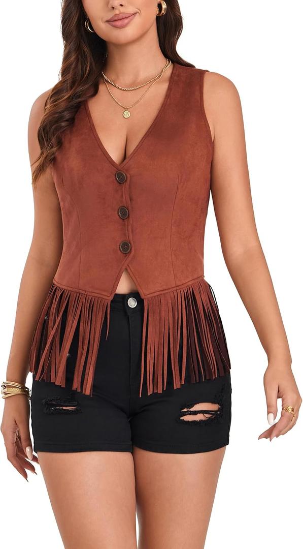 retro button suede vest sexy V-neck women's short top sleeveless casual vest jacket (Brown, M)