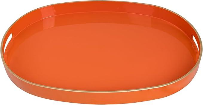 Orange Decorative Tray, Oval Serving Tray with Handles, Plastic Trays for Coffee Table, Ottoman Trays for Living Room, Bathroom, 15.6" X 10.6" X 1.4"