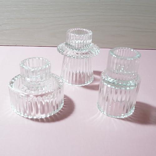 Ni-JASW Clear Ribbed Glass Taper Candle Holders, Candlestick Tea Votive Candle Holders for Table Centerpiece Wedding Decor, Set of 3