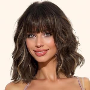 AISI HAIR Synthetic Curly Bob Wig with Bangs Natural Brown with Blonde Highlight Short Wavy Hair for Women Natural Looking Heat Resistant Bob Wigs