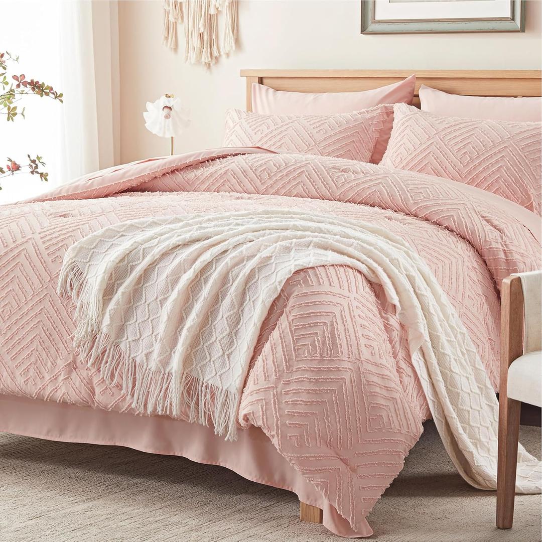 Zzlpp Full Comforter Set 7 Pieces, Pink Tufted Bed in a Bag with Comforter and Sheets, All Season Boho Bedding Sets with 1 Comforter, 2 Pillow Shams, 2 Pillowcases, 1 Sheet