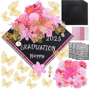 Pink Graduation Cap Decorations Kit DIY Grad Cap Topper with Artificial Flower 3D Butterfly Rhinestones Alphabet Letter Number Stickers for 2025 Graduation Party Decorations Supplies (Pink)