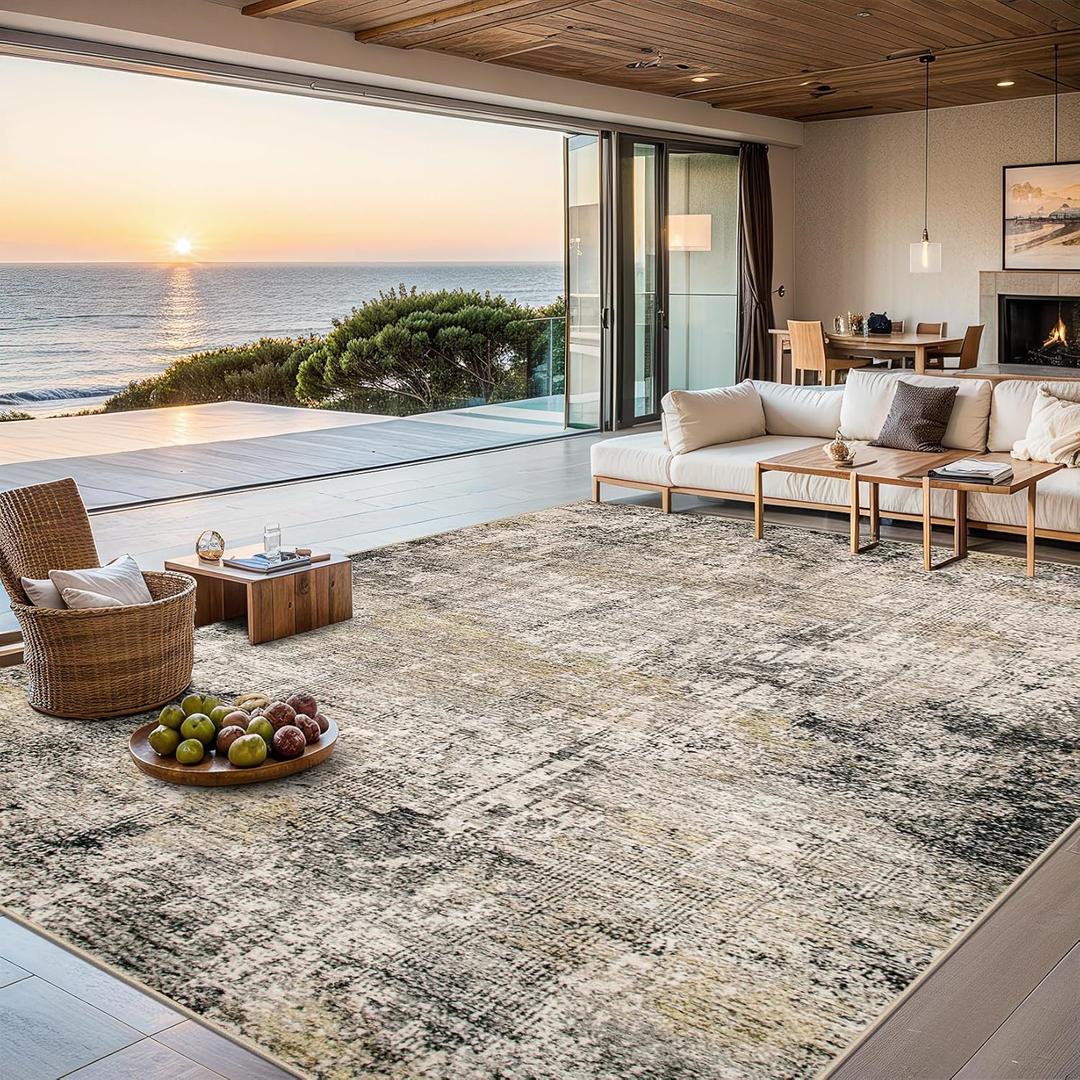 8x10 Area Rugs for Living Room - Washable Rug Modern Abstract Soft Large Neutral Non-Slip Carpet Indoor Floor Thin Carpets for Bedroom Dining Room Farmhouse Nursery Home Office Brown Black Grey