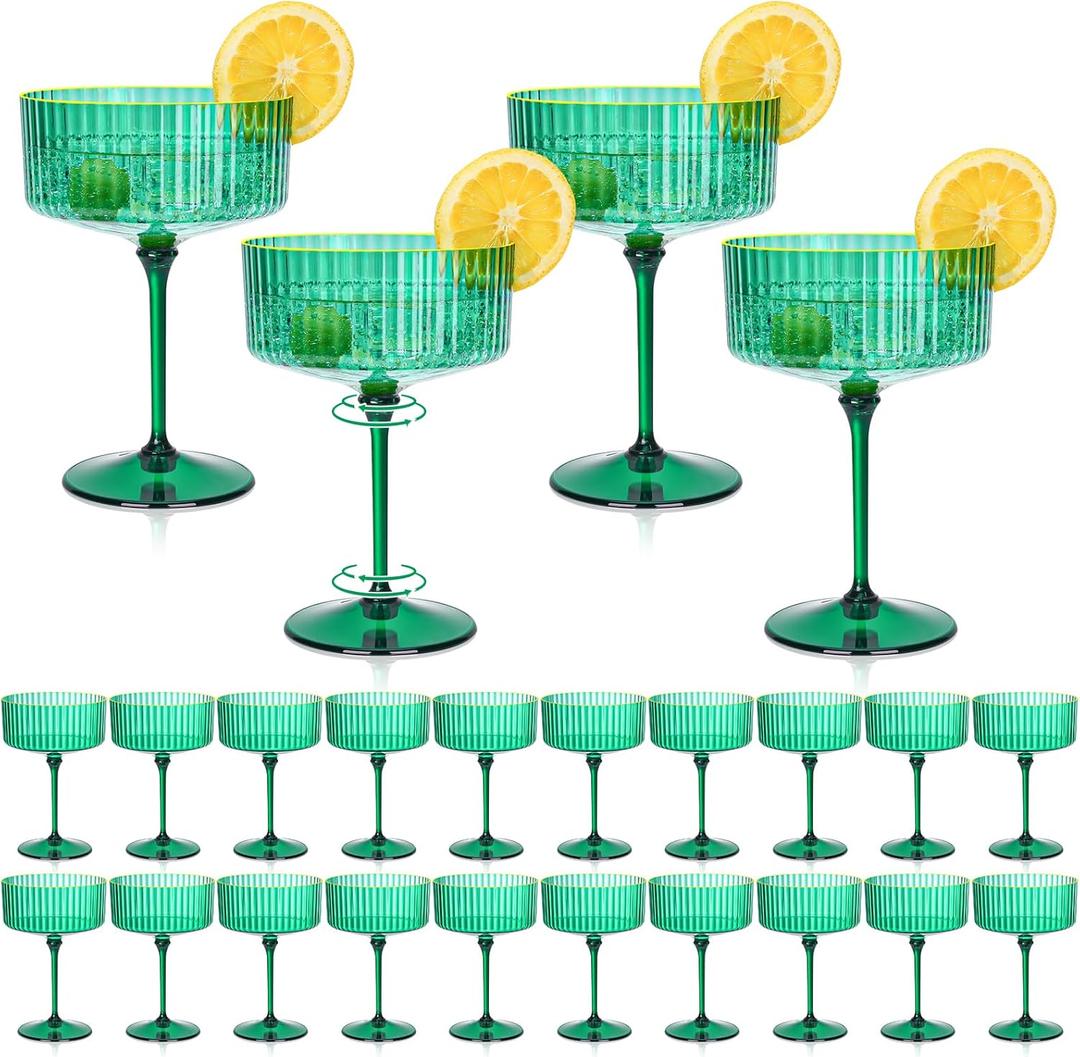 24 PCS Plastic Martini Glasses 10 oz Detachable Gold Rim Green Ribbed Coupe Glasses Vintage Christmas Martini Cocktail Glass for Bar,Margarita,Gin,Tequila, Desserts and Snacks