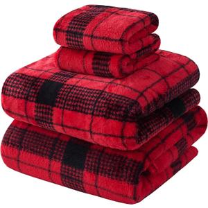 YIYEA Christmas Faux Fur Sheets, Luxury Ultra Soft Fleece Bed Sheets Set, Fluffy Plush Velvet Bedding for Fall Winter, Cozy Warmth, No Shedding, 4PC, Queen (03# Red Plaid)
