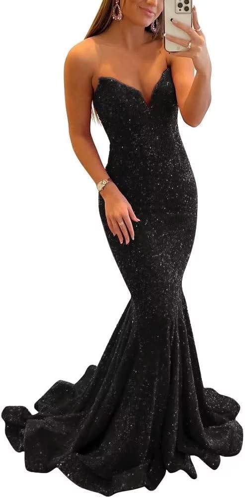 Sequin Evening Dresses for Women Formal Sexy Long Prom Party Gowns Mermaid Sparkly V-Neck Homecoming Dress (10, Black)
