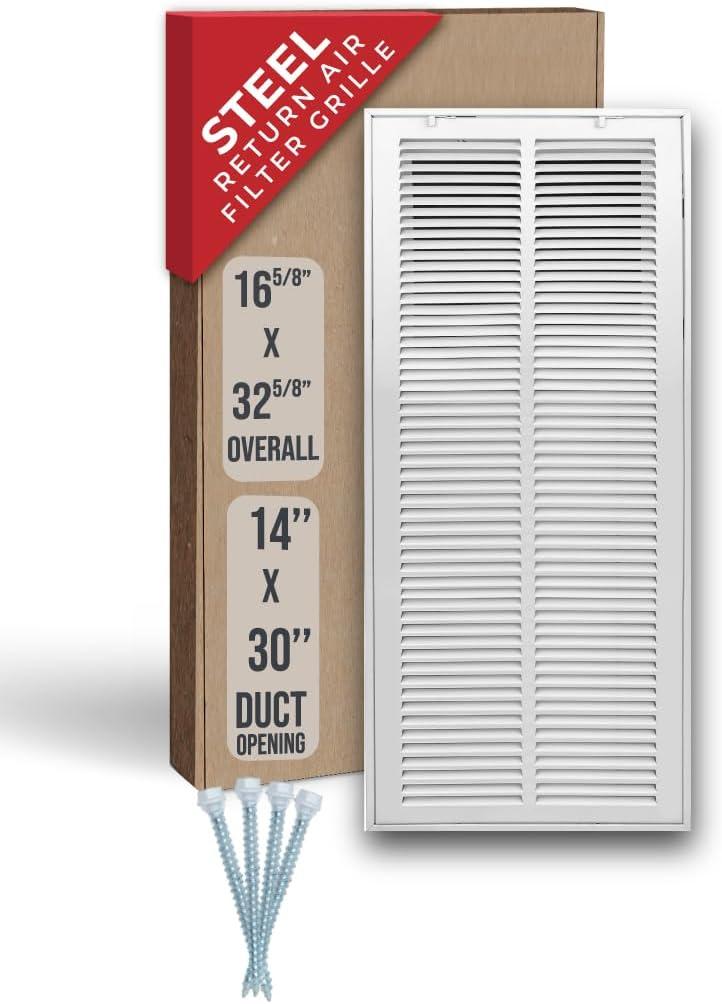 Fits 14x30 Duct Opening | Steel Return Air Filter Grille by Handua [Removable Door] for 1-inch Filters | Vent Cover Grill | White | HVAC Cold Air Intake Grille | Out Dim: 16 5/8"W X 32 5/8"H