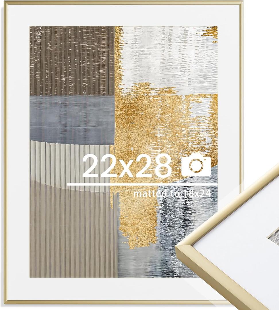22x28 inch Metal Poster Frame - 22 x 28 Thin Aluminum Picture Frames Matted for 18x24 Photos, Artworks, Prints, Puzzle - High Definition Plexiglass - Vertical and Horizontal Display - Wall Hook Hanging Hardware Included - Gold, Set of 1 (22x28in, 1Pack)
