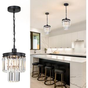 Small Chandelier Light Fixture, Black Crystal Pendant Light, 2 Tiered 8" Modern Mini Hanging Lights, Vintage Chandeliers for Bedroom Dining Room Kitchen Island Entryway Living Room Foyer
