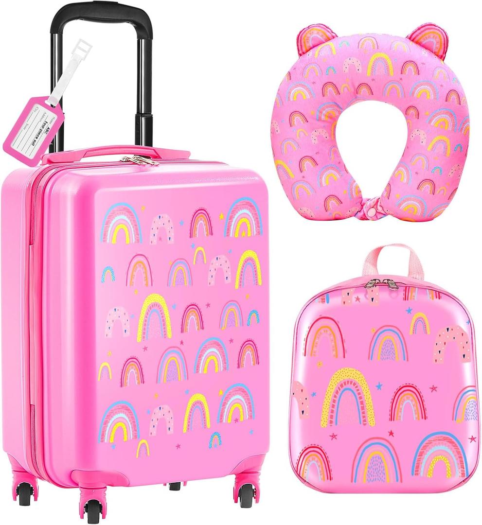 Sanwuta 4 Pcs Kids Luggage Set Carry On Rolling Suitcase Backpack Neck Pillow Travel Set Gift for Girls Boys Summer Camp(20 Inch,Rainbow Style,Pink)