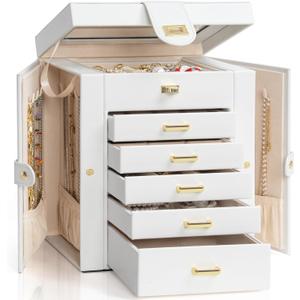 AKOZLIN Functional 6-Tier Jewelry Box Organizer with 5 Drawers Leather Jewelry Storage Case for Women Girls Ring Necklace Earring Bracelet Holder Organizer with Mirror White (Regular)